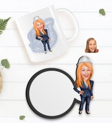 Kişiye Özel Kadın Mühendis Karikatürlü Beyaz Kupa ve Ahşap Bardak Altlığı Hediye Seti