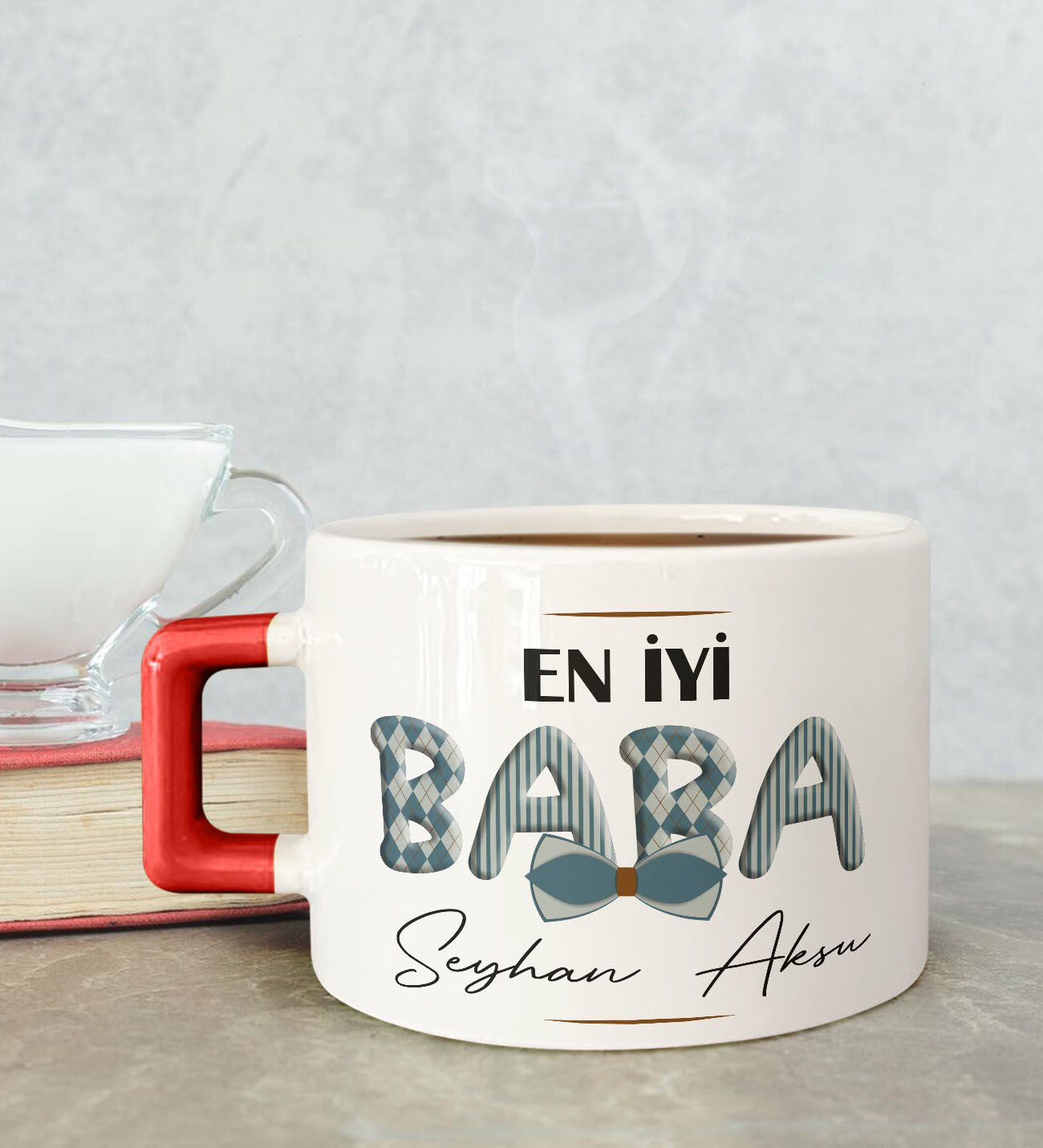 BK Gift Kişiye Özel Babalar Günü Tasarımlı Kırmızı Kulplu Çay & Kahve Fincanı-11, Babaya Hediye, Babalar Günü Hediyesi