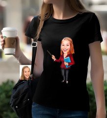 Kişiye Özel Bayan Öğretmen Karikatürlü Siyah T-Shirt-3