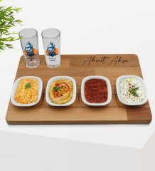 Kişiye Özel Gemi Tasarımlı 2’li Rakı Bardağı ve Meze Tabaklı Doğal Masif Ahşap Servis Sunum Tepsisi Model 1