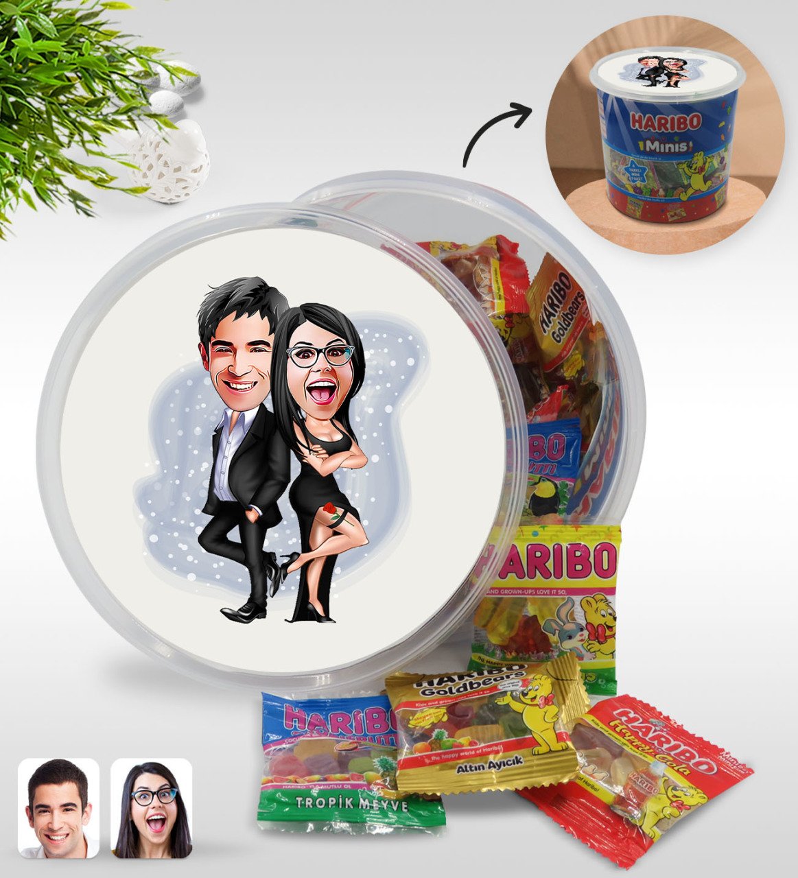 Kişiye Özel Sevgililer Karikatürlü Dev Boy Haribo Minis Kovası (10gx100adet) Model 6