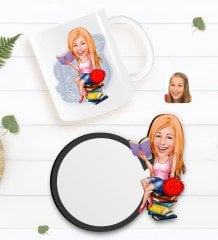 Kişiye Özel Kadın Öğrenci Karikatürlü Beyaz Kupa ve Ahşap Bardak Altlığı Hediye Seti-1