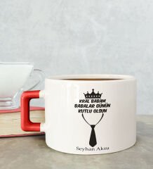 BK Gift Kişiye Özel Babalar Günü Tasarımlı Kırmızı Kulplu Çay & Kahve Fincanı-12, Babaya Hediye, Babalar Günü Hediyesi