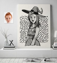 Kişiye Özel Bayan Cadılar Bayramı Karikatürlü Kanvas Tablo (70 x 100 cm.)