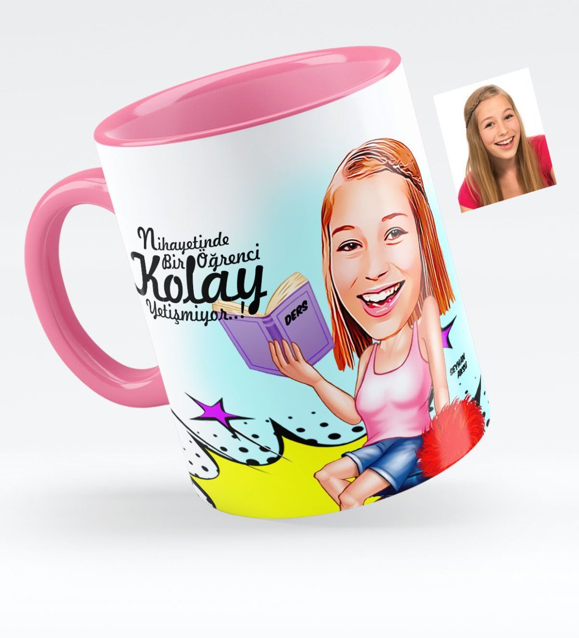 Kişiye Özel Bayan Öğrenci Karikatürlü Pembe Kupa Bardak - 1
