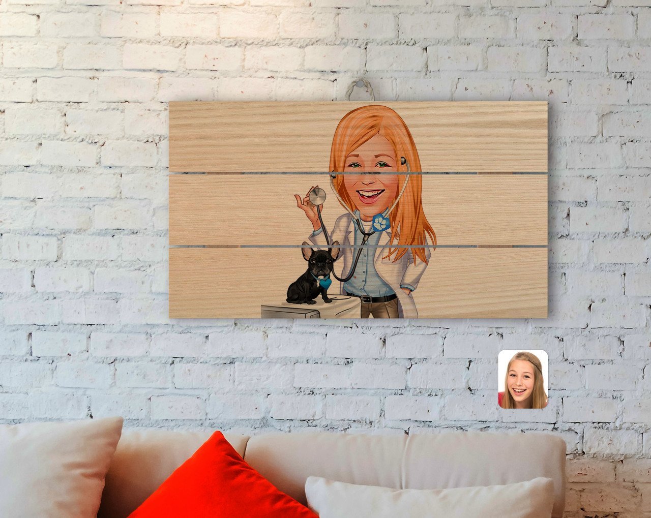 Kişiye Özel Kadın Veteriner Hekim Karikatürlü Otantik Ahşap Palet Tablo-1