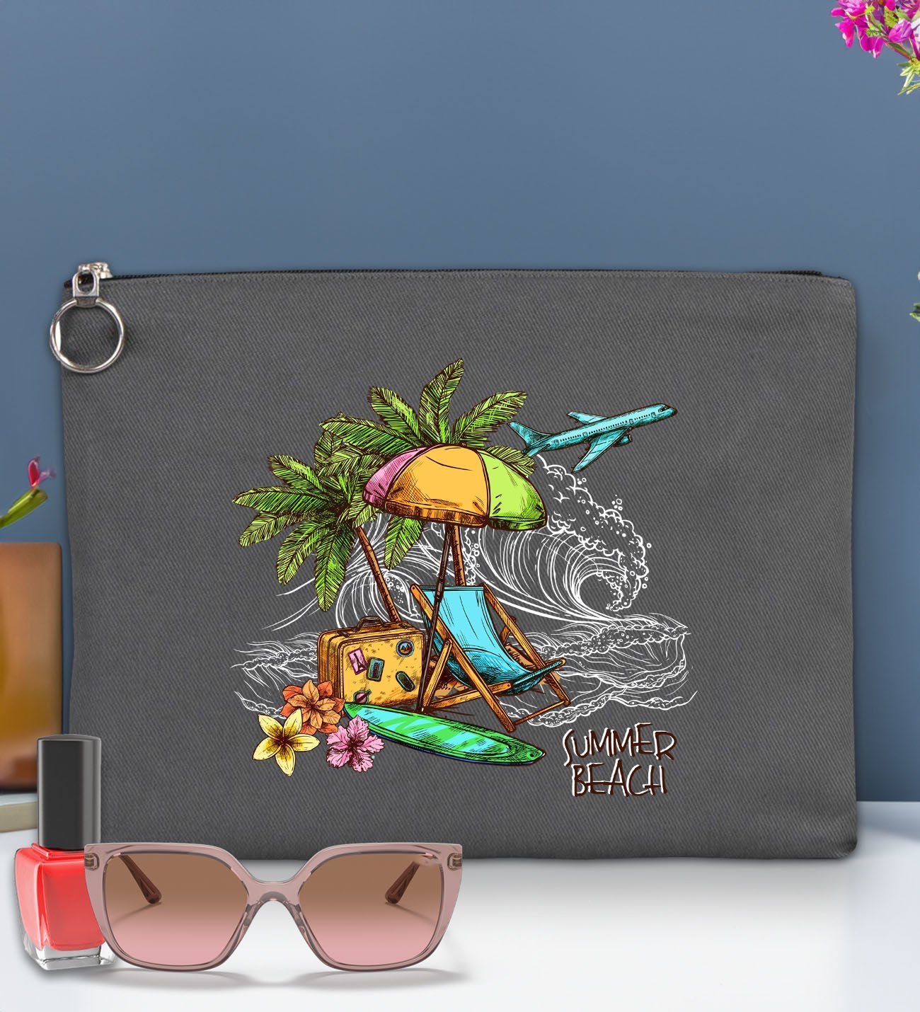 BK Gİft Yaz Temalı-9 Astarlı Kiremit Portföy Çanta 30x21cm, Baskılı El Çantası, Organizer Çanta