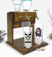 Kişiye Özel Renkli Baskılı  Erkek ve Kadın Kurukafa Tasarımlı İkili Rakı Bardağı ve Çift Musluklu Doğal Ahşap Rakı Standı-1