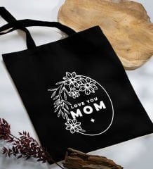BK Gift Anneler Günü Tasarımlı Siyah Kumaş Bez Çanta, Baskılı Omuz Çantası, Alışveriş Çantası, Anneler Günü Hediyesi, Anneye Hediye-4