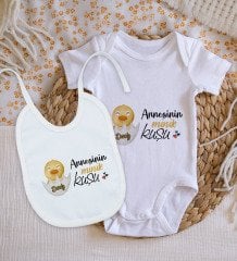 BK Kids Kişiye Özel Annesinin Minik Kuşu Tasarımlı Bebek Body Zıbın ve Mama Önlüğü Hediye Seti - Model 1