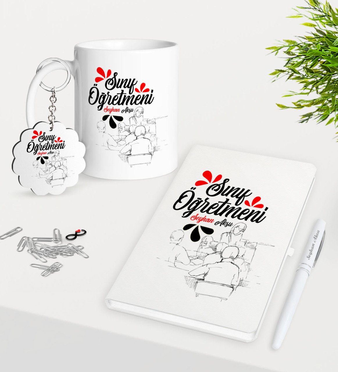Kişiye Özel Sınıf Öğretmeni Kupa Anahtarlık Beyaz Defter Kalem Hediye Seti-10