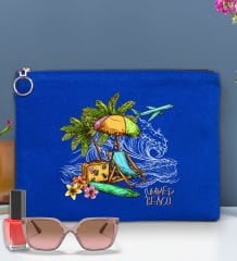 BK Gİft Yaz Temalı-9 Astarlı Mavi Portföy Çanta 30x21cm, Baskılı El Çantası, Organizer Çanta