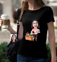 Kişiye Özel Bayan Öğretmen Karikatürlü Siyah T-Shirt-5