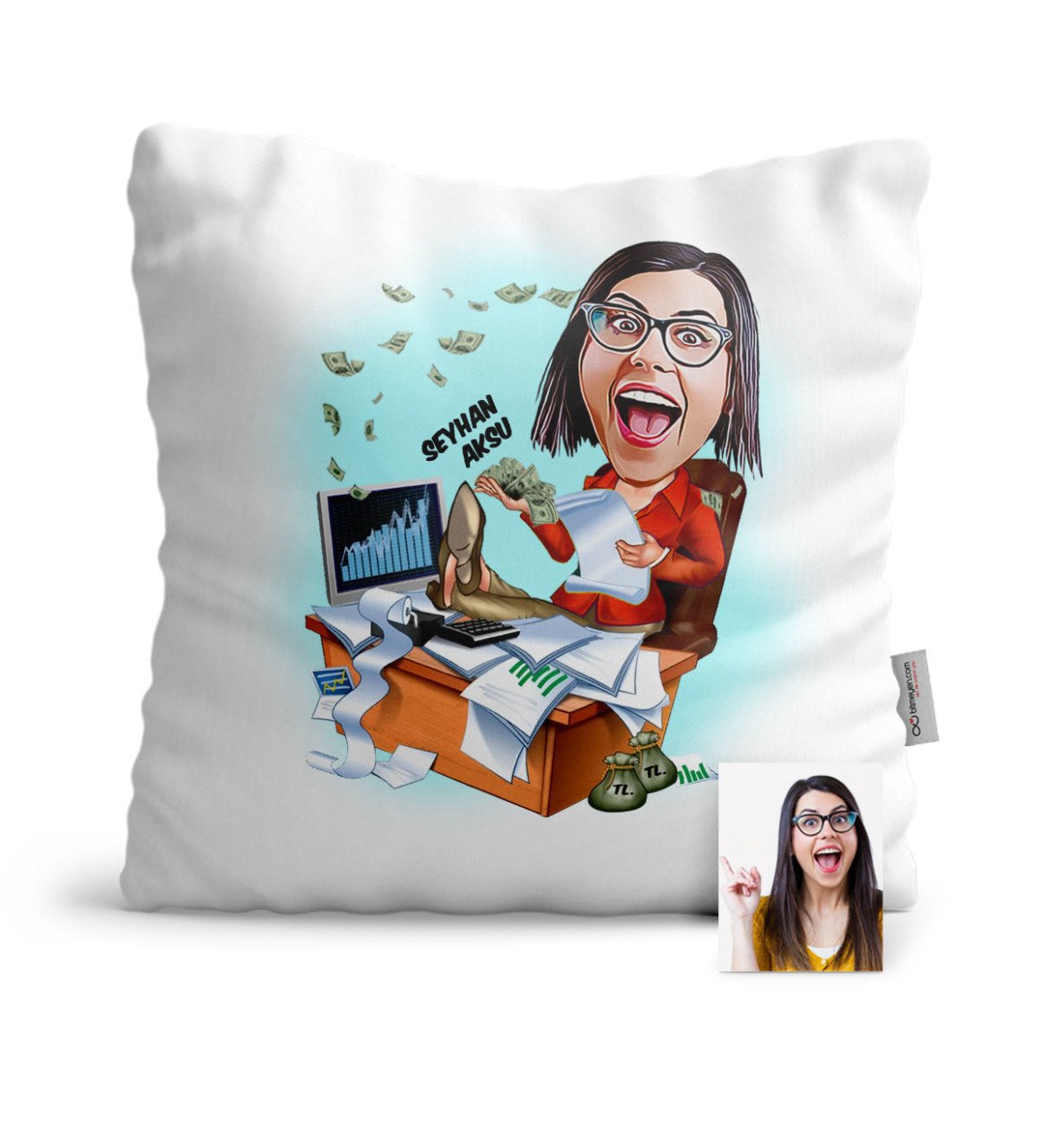 Kişiye Özel Bayan Bankacı Karikatür Saten Yastık - 2
