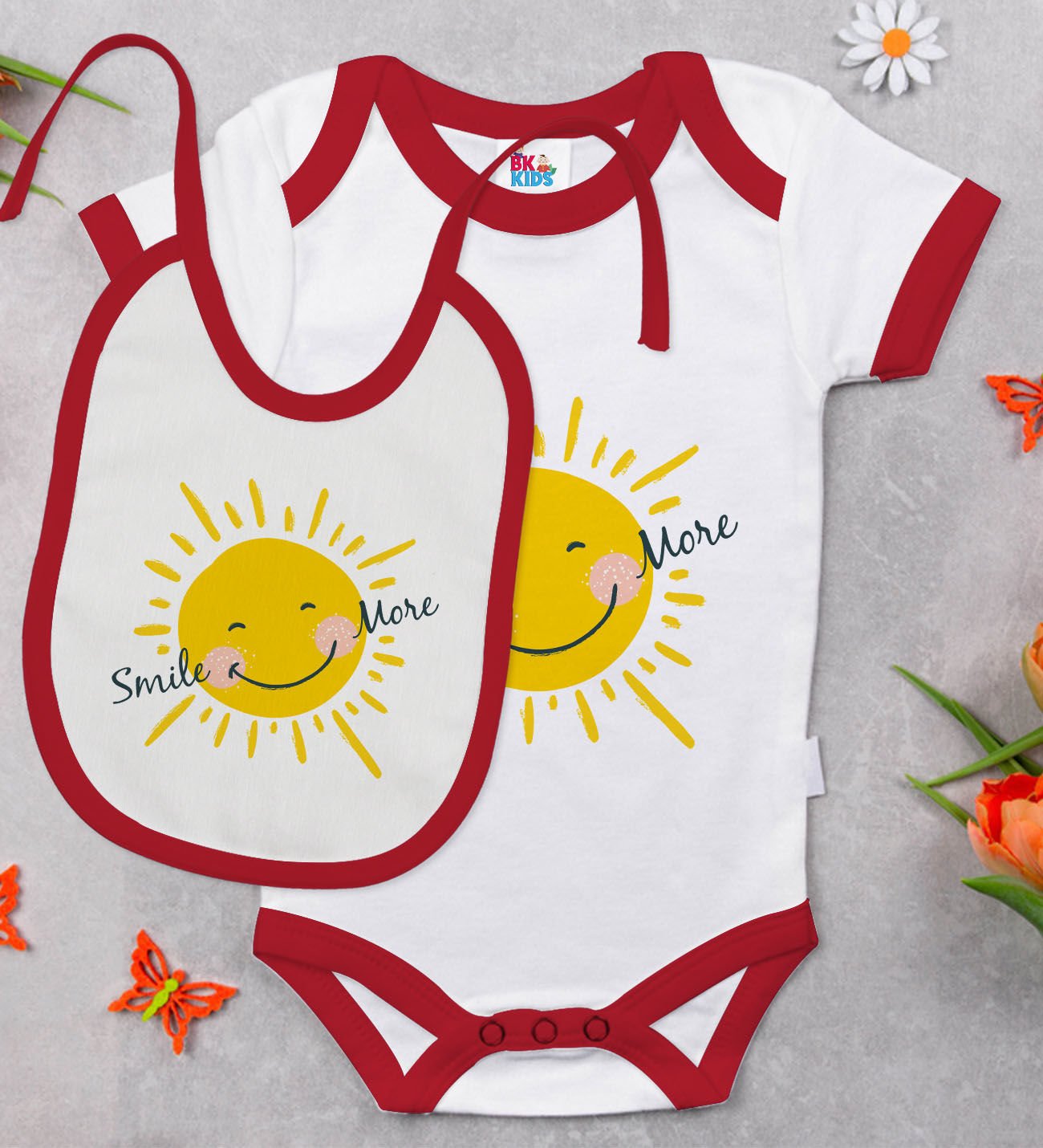BK Kids Smile More Tasarımlı Kırmızı Bebek Body Zıbın ve Mama Önlüğü Hediye Seti-1