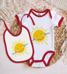 BK Kids Smile More Tasarımlı Kırmızı Bebek Body Zıbın ve Mama Önlüğü Hediye Seti-1