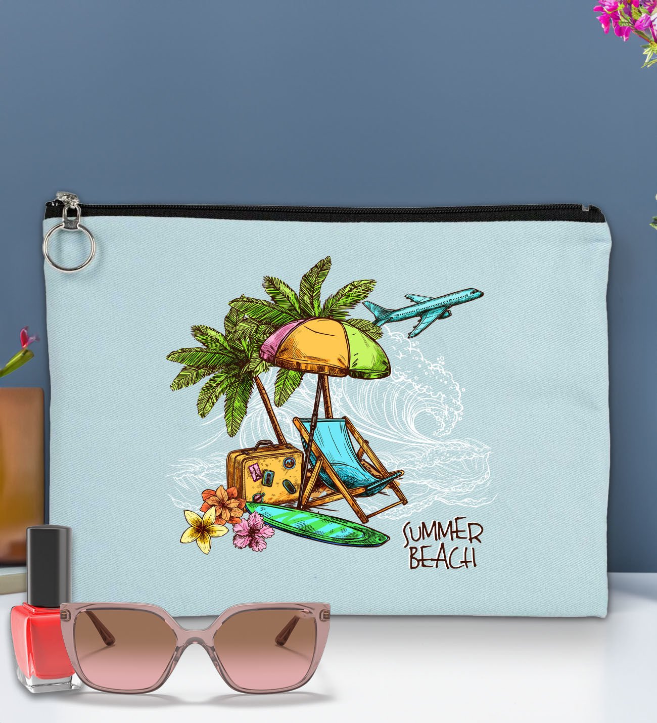 BK Gİft Yaz Temalı-9 Astarlı Açık Mavi Portföy Çanta 30x21cm, Baskılı El Çantası, Organizer Çanta