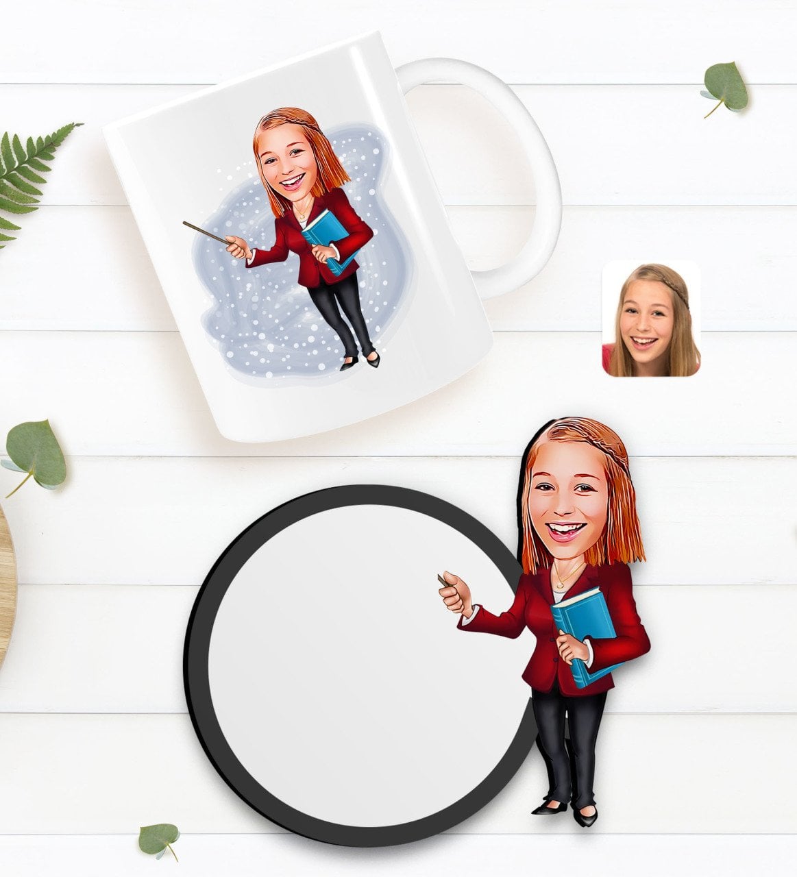 Kişiye Özel Kadın Öğretmen Karikatürlü Beyaz Kupa ve Ahşap Bardak Altlığı Hediye Seti-3