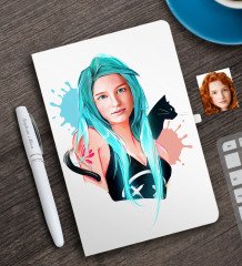 Kişiye Özel Kedili Kız Karikatürlü Beyaz Defter ve Kalem Hediye Seti-1