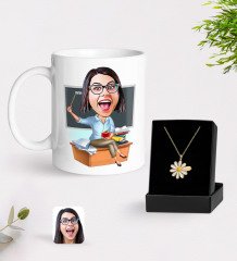 Kişiye Özel Bayan Öğretmen Karikatürlü Kupa Ve Papatya Kolye Hediye Seti-2