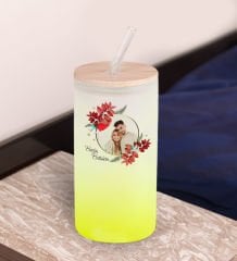 BK Gift İsimli Fotoğraflı Sarı Renk Pipetli Buzlu Cam Bardak 600ml - 3, Arkadaşa Hediye, Doğum Günü Hediyesi