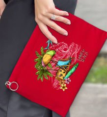 BK Gİft Yaz Temalı-9 Astarlı Kırmızı Portföy Çanta 30x21cm, Baskılı El Çantası, Organizer Çanta