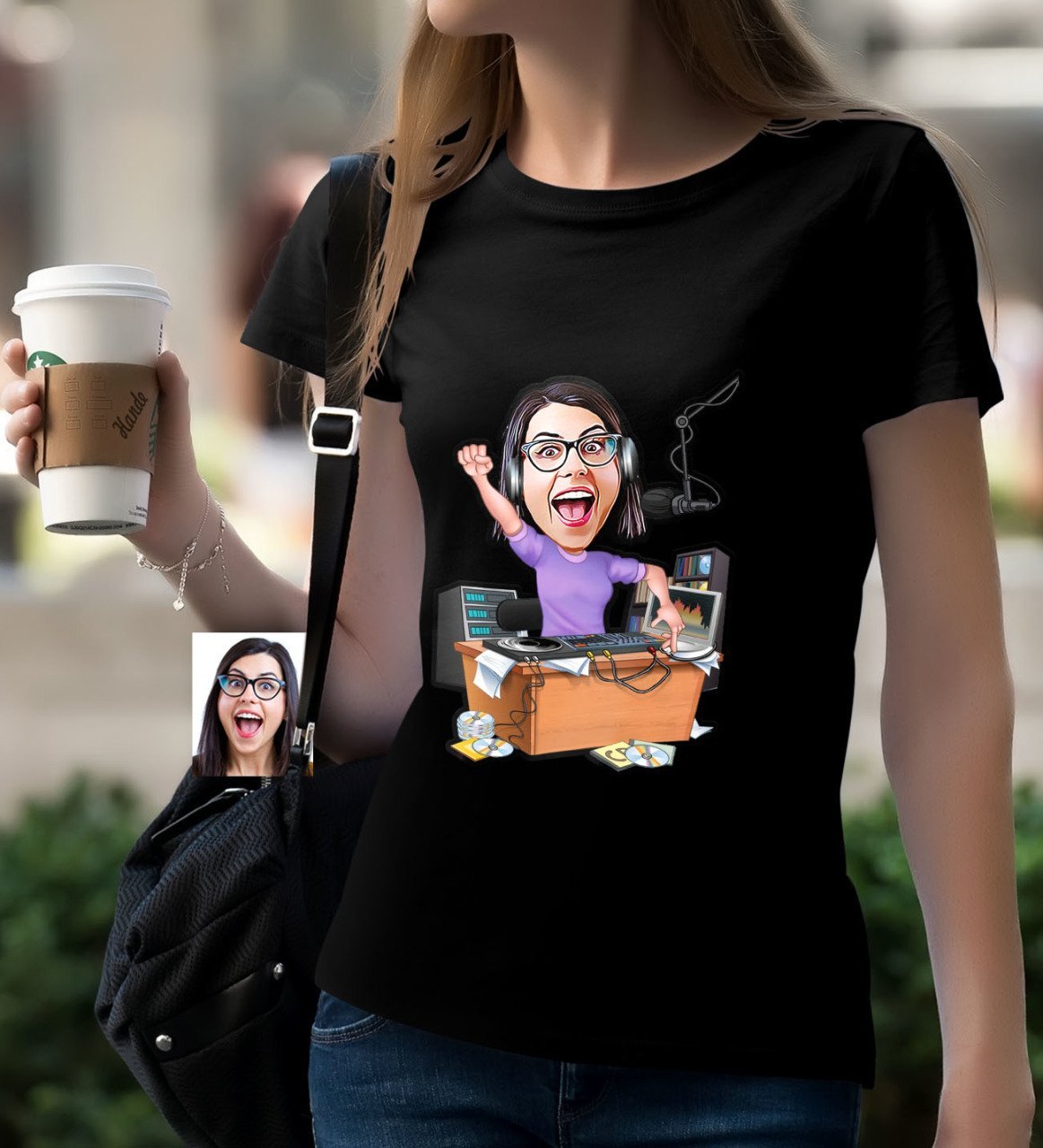Kişiye Özel Bayan Radyocu Karikatürlü Siyah T-Shirt