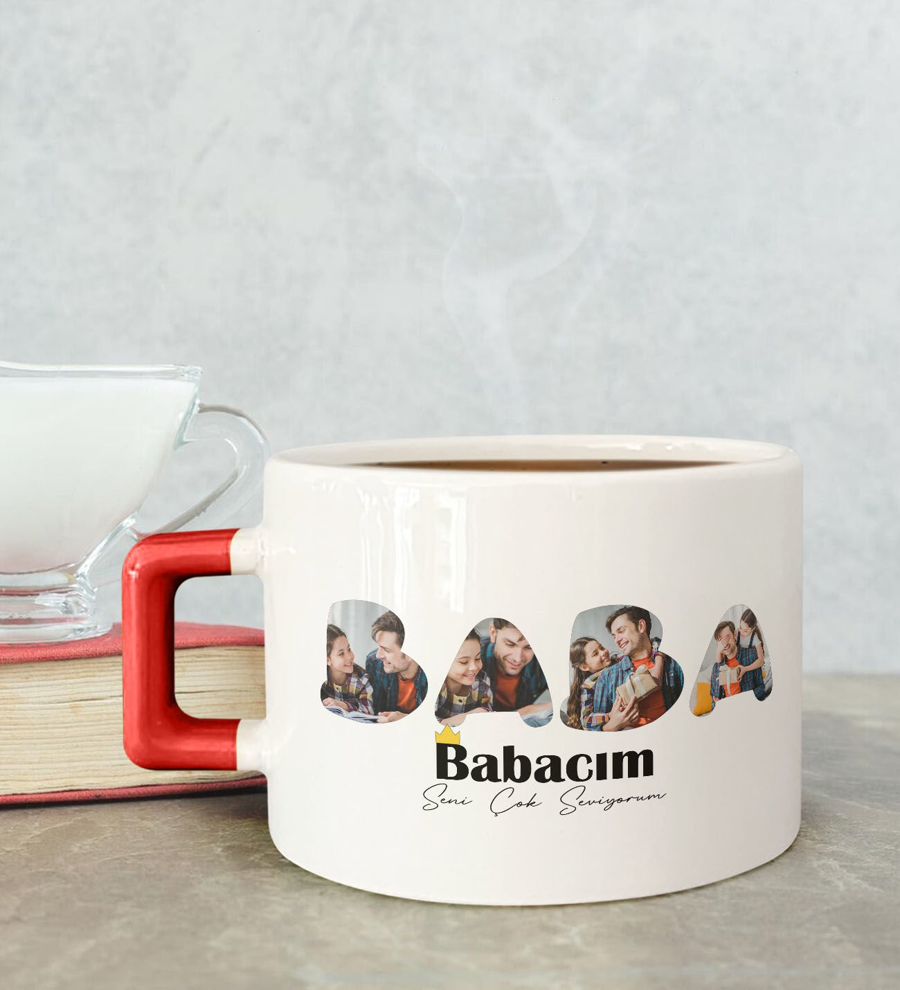 BK Gift Kişiye Özel Fotoğraflı Babalar Günü Tasarımlı Kırmızı Kulplu Çay & Kahve Fincanı-1, Babaya Hediye, Babalar Günü Hediyesi