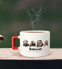 BK Gift Kişiye Özel Fotoğraflı Babalar Günü Tasarımlı Kırmızı Kulplu Çay & Kahve Fincanı-1, Babaya Hediye, Babalar Günü Hediyesi