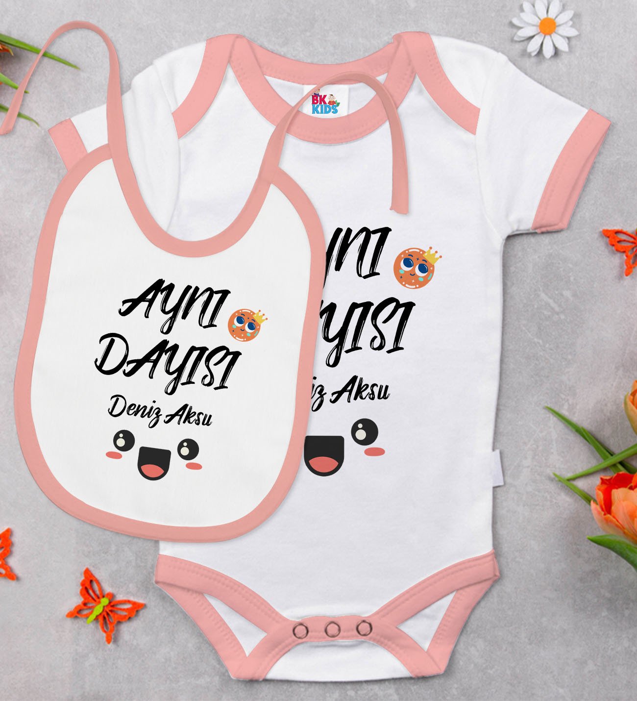 BK Kids Kişiye Özel Aynı Dayısı Tasarımlı Pembe Bebek Body Zıbın ve Mama Önlüğü Hediye Seti
