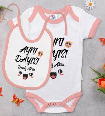 BK Kids Kişiye Özel Aynı Dayısı Tasarımlı Pembe Bebek Body Zıbın ve Mama Önlüğü Hediye Seti
