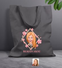 BK Gift Kişiye Özel Anneler Günü Karikatürlü Antrasit  Kumaş Bez Çanta, Baskılı Omuz Çantası, Alışveriş Çantası, Anneye Hediye-4