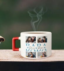 BK Gift Kişiye Özel Fotoğraflı Babalar Günü Tasarımlı Kırmızı Kulplu Çay & Kahve Fincanı-2, Babaya Hediye, Babalar Günü Hediyesi