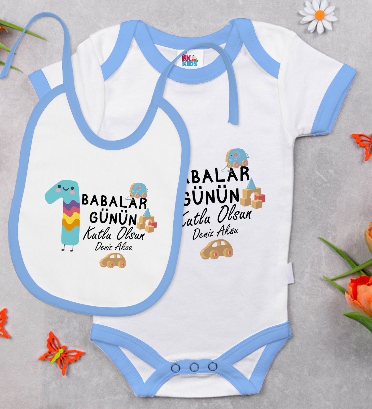 BK Kids Kişiye Özel İlk Babalar Günü Tasarımlı Mavi Bebek Body Zıbın ve Mama Önlüğü Hediye Seti-3