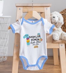 BK Kids Kişiye Özel İlk Babalar Günü Tasarımlı Mavi Bebek Body Zıbın ve Mama Önlüğü Hediye Seti-3