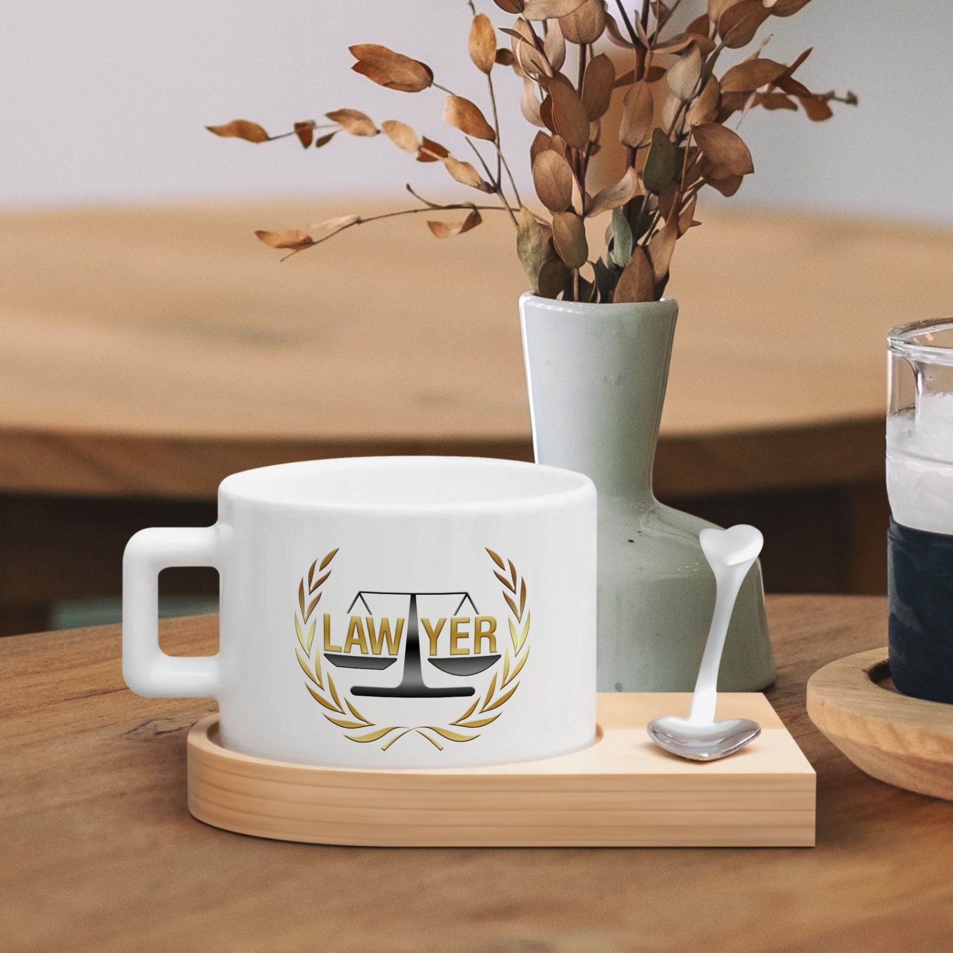 BK Gift Kişiye Özel İsimli Avukat Tasarımlı-1, Ahşap Altlıklı Seramik Fincan, Meslek Hediyesi, Yeni İş Hediyesi