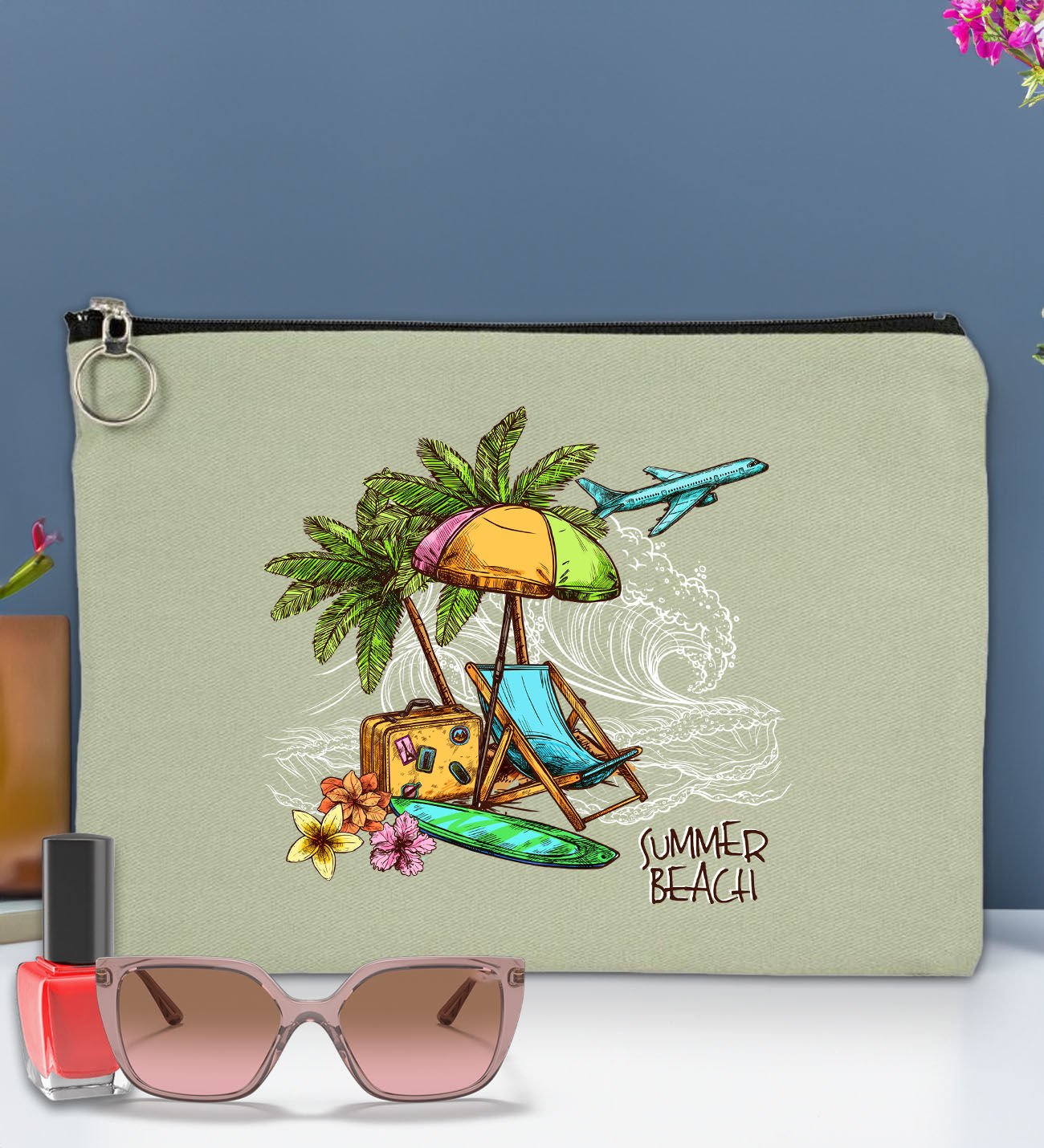 BK Gİft Yaz Temalı-9 Astarlı Mint Yeşili Portföy Çanta 30x21cm, Baskılı El Çantası, Organizer Çanta
