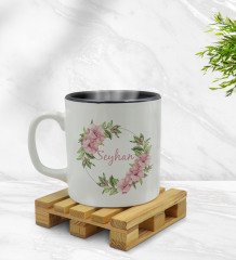 Kişiye Özel Çiçek Tasarımlı İçi Siyah Renkli Kupa Bardak Model 17