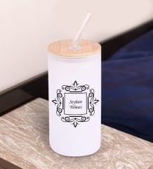 BK Gift İsimli Beyaz Renk Pipetli Buzlu Cam Bardak 600ml - 1, Arkadaşa Hediye, Doğum Günü Hediyesi