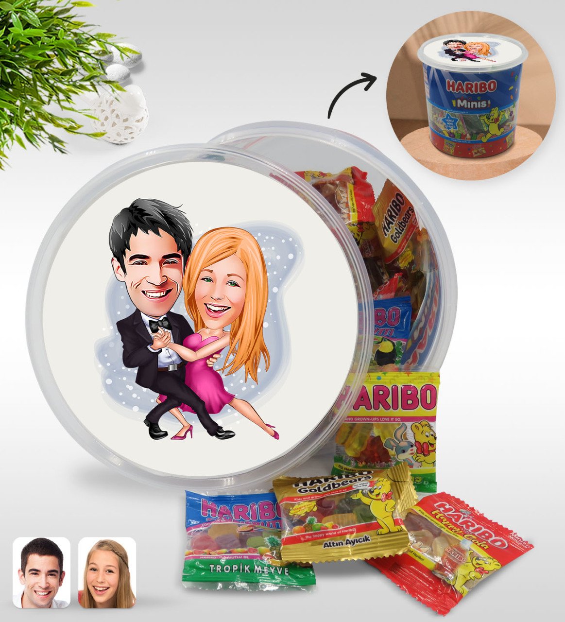 Kişiye Özel Sevgililer Karikatürlü Dev Boy Haribo Minis Kovası (10gx100adet) Model 13