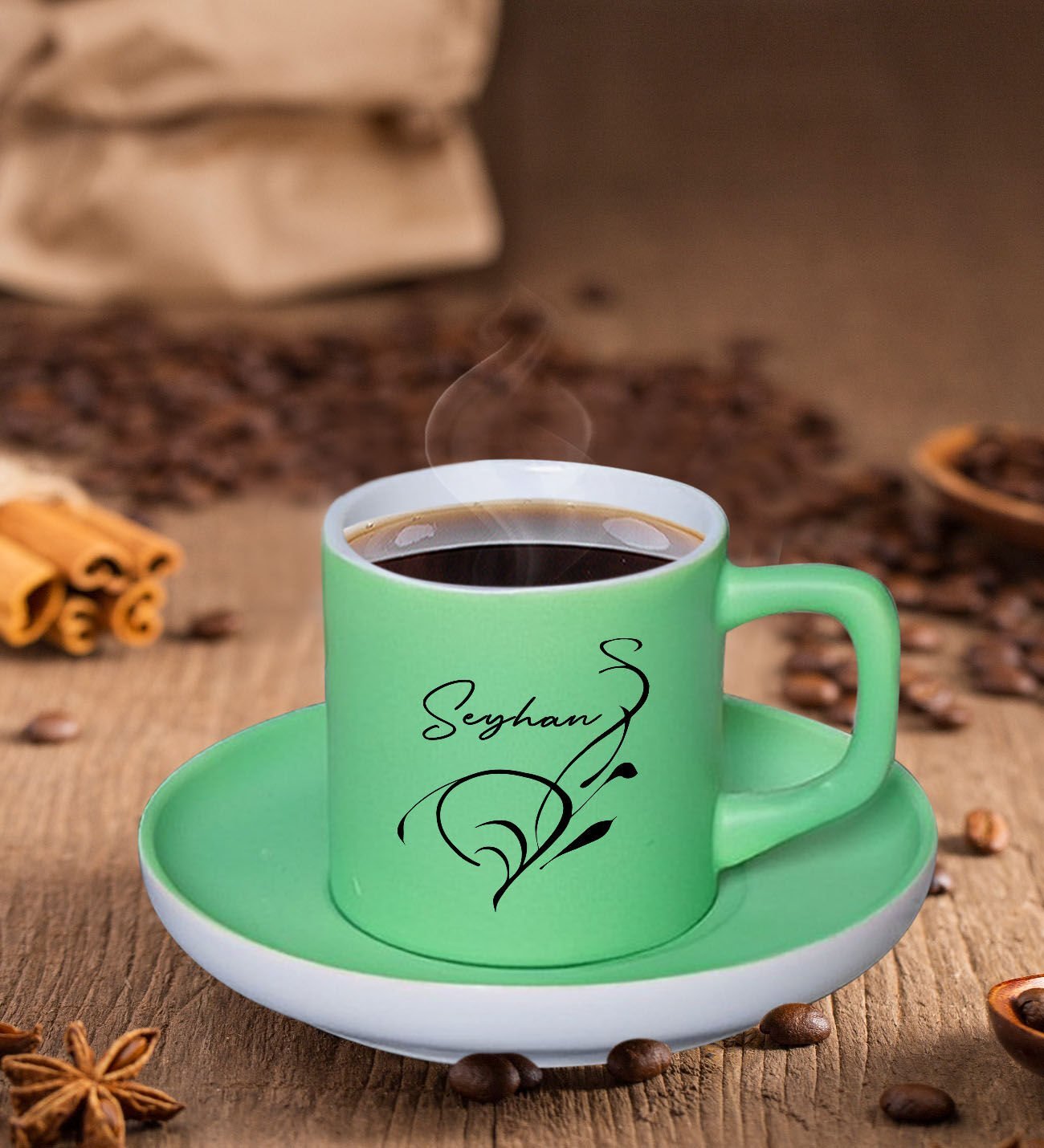 BK Gift Kişiye Özel İsimli Mat Yeşil Renk Türk Kahvesi Fincanı-122 Renkli Türk Kahvesi Fincanı