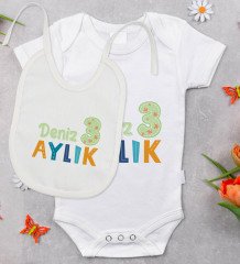 BK Kids Kişiye Özel Aylık Tasarımlı Bebek Body Zıbın ve Mama Önlüğü Hediye Seti - Model 1