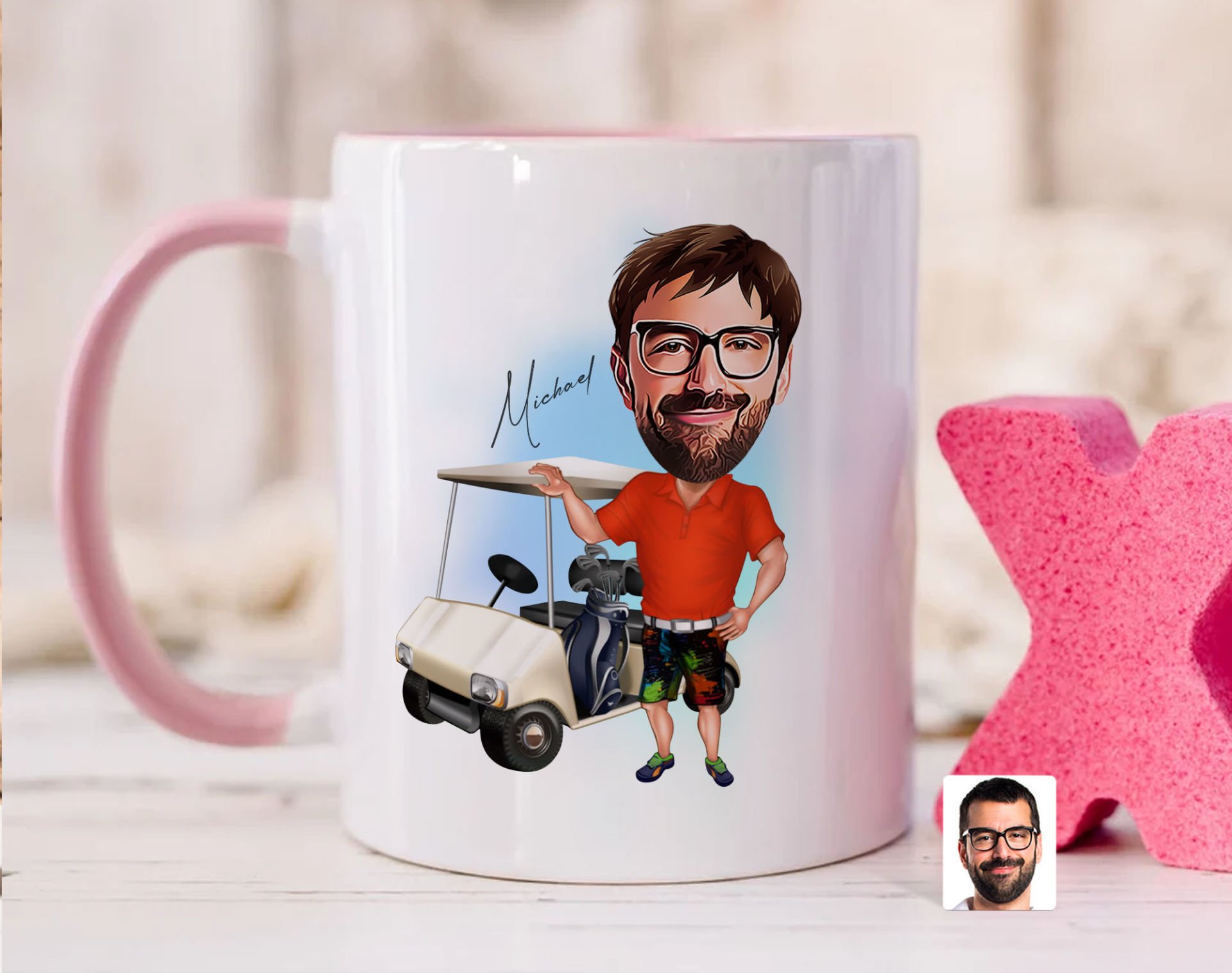 Bk Gift Kişiye Özel Golf Oyuncusu Karikatürlü Pembe Kupa Bardak-8, Sevgiliye Hediye, Arkadaşa Hediye