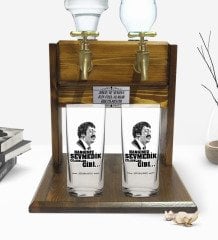 Kişiye Özel Renkli Baskılı Hangimiz Sevmedik Çılgınlar Gibi Silüet Tasarımlı İkili Rakı Bardağı ve Çift Musluklu Doğal Ahşap Rakı Standı-6