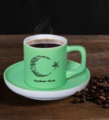 BK Gift Kişiye Özel Kaligrafi Atatürk Tasarımlı Mat Yeşil Renk Türk Kahvesi Fincanı-1 Renkli Türk Kahvesi Fincanı