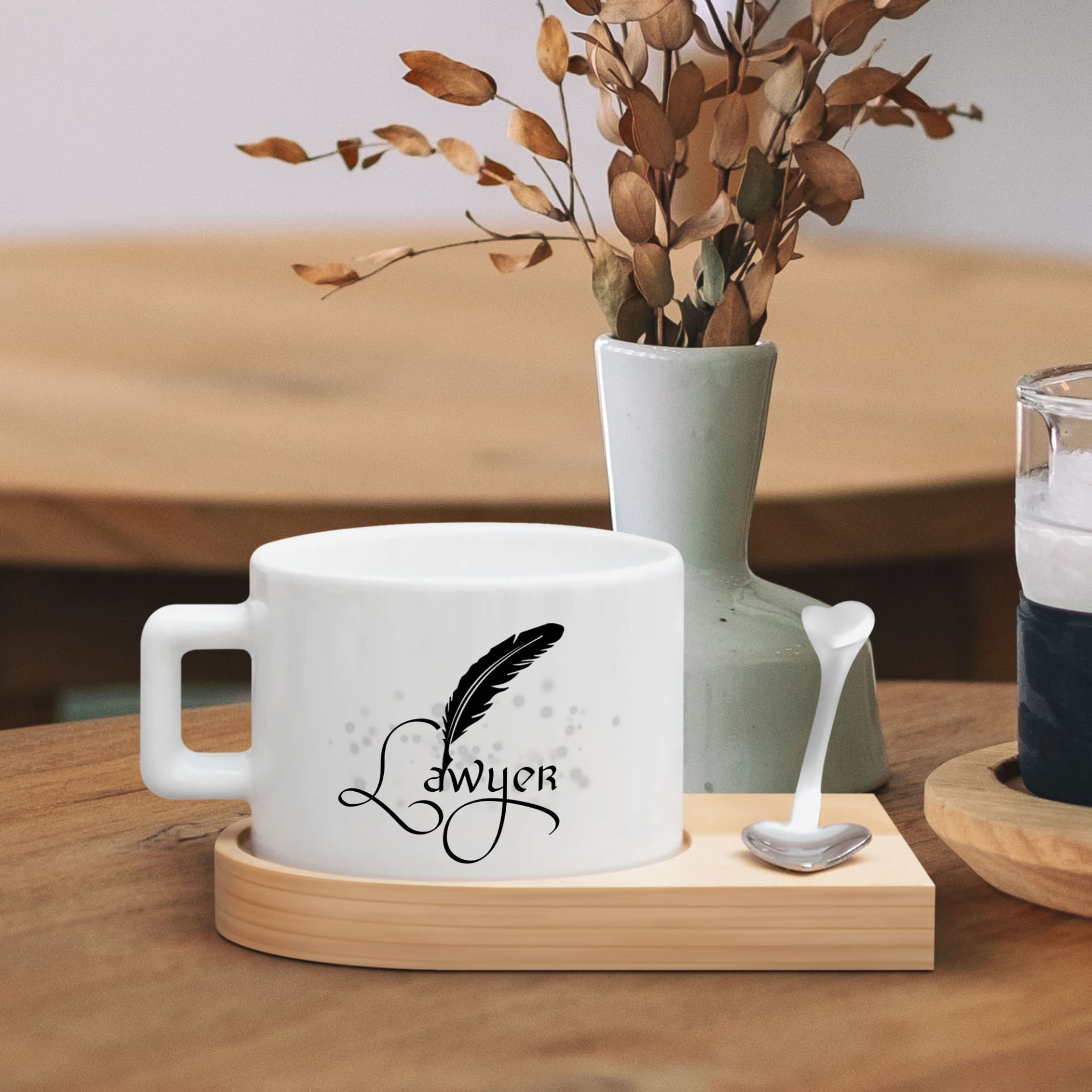 BK Gift Kişiye Özel İsimli Avukat Tasarımlı-4, Ahşap Altlıklı Seramik Fincan, Meslek Hediyesi, Yeni İş Hediyesi