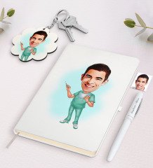 Kişiye Özel Erkek Cerrah Karikatürlü Beyaz Defter Kalem ve Anahtarlık Hediye Seti