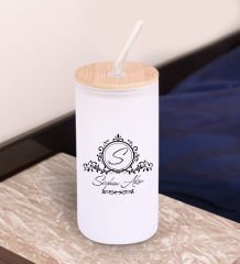 BK Gift İsimli Beyaz Renk Pipetli Buzlu Cam Bardak 600ml - 3, Arkadaşa Hediye, Doğum Günü Hediyesi