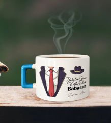 BK Gift Kişiye Özel Babalar Günü Tasarımlı Mavi Kulplu Çay & Kahve Fincanı-4, Babaya Hediye, Babalar Günü Hediyesi