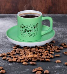 BK Gift Kişiye Özel Kaligrafi Tasarımlı Mat Yeşil Renk Türk Kahvesi Fincanı-1 Renkli Türk Kahvesi Fincanı